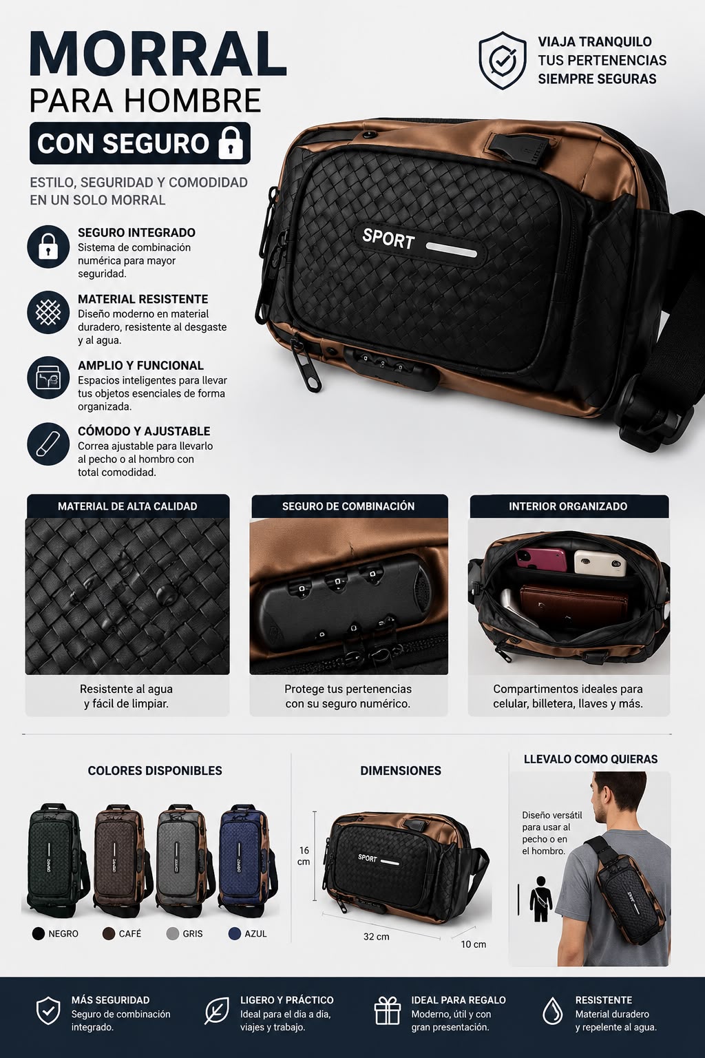 MORRAL PARA HOMBRE CON SEGURO🔒