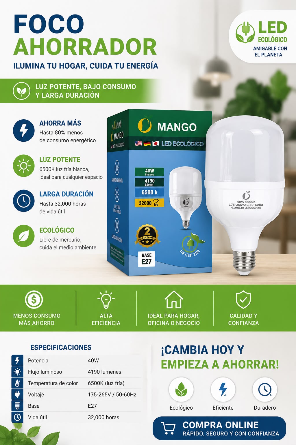FOCO LED ECOLÓGICO DE 40 WAST 💡