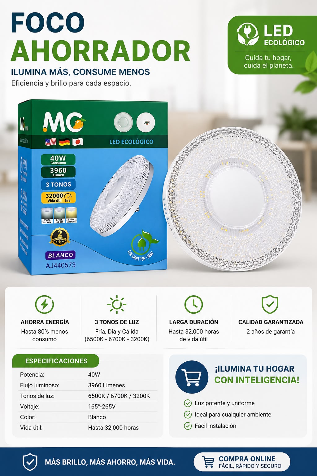 💡FOCO LED ECOLÓGICO DE 40w - 3 TONOS