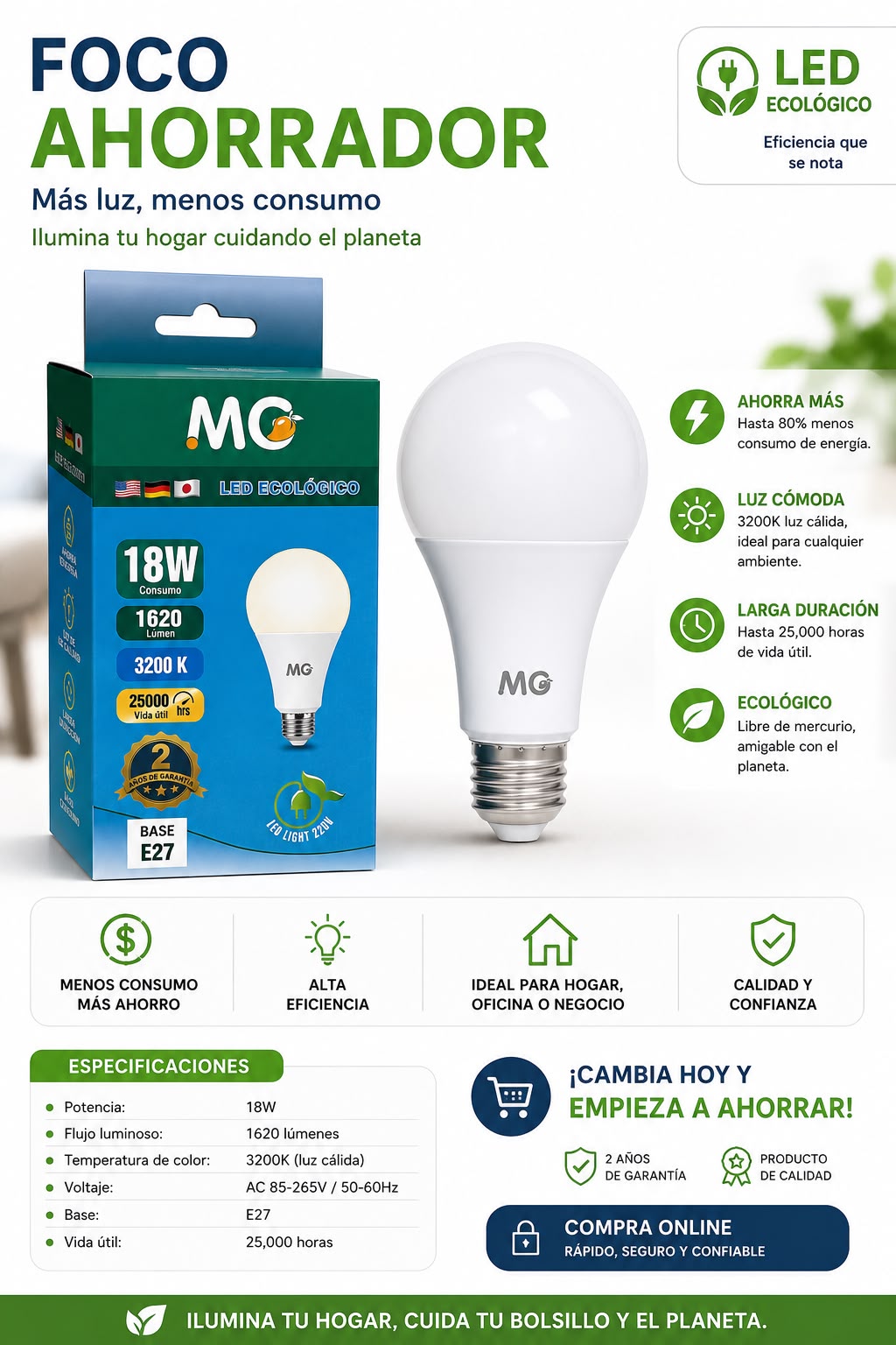 💡 FOCO LED ECOLÓGICO DE 18 W