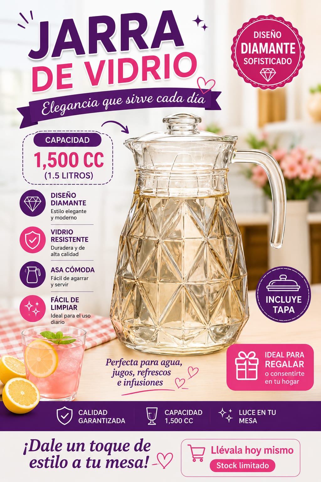 JARRA DE VIDRIO CON TAPA– 1700 ml
