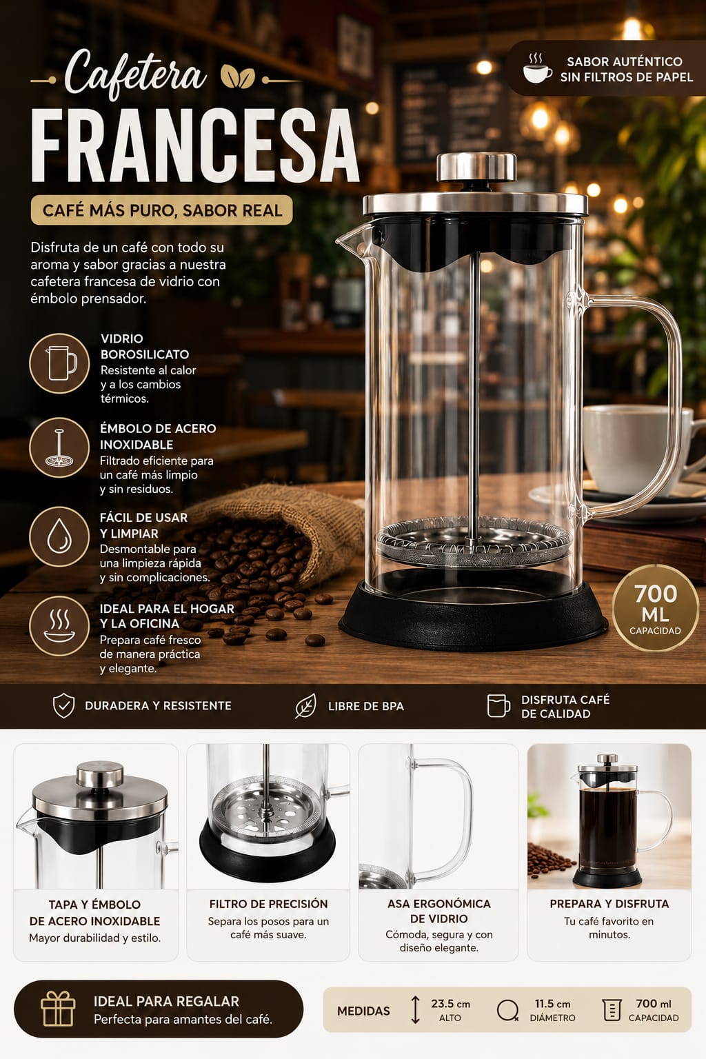 ☕ CAFETERA  FRANCESA DE VIDRIO 700  ml